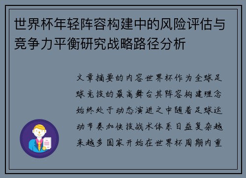 世界杯年轻阵容构建中的风险评估与竞争力平衡研究战略路径分析